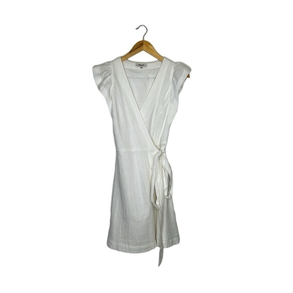 Madewell White Ivory Textured Ruffle-Sleeve Wrap Mini Dress 100% Cotton XS - Picture 6 of 14